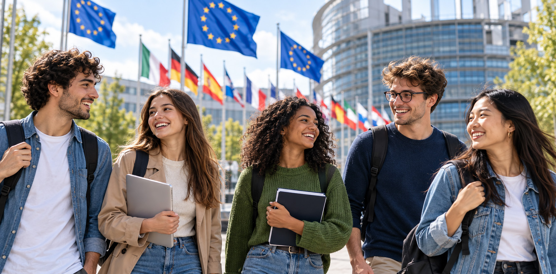 International Erasmus+ students in front of the European Parliament